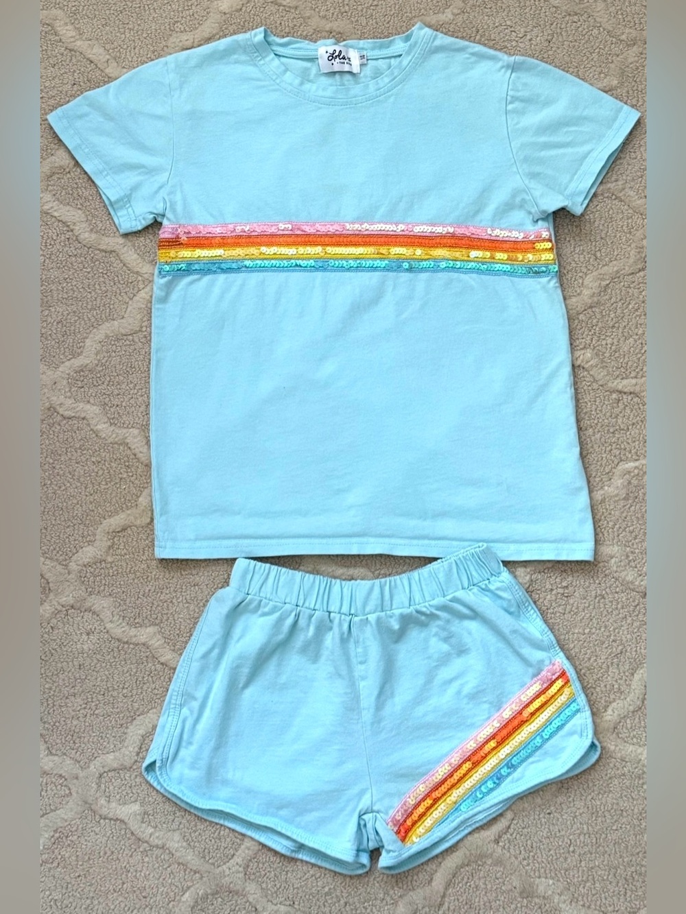 Lola + The Boys Blue Rainbow Sequin Stripe Short Set Crystal Sky Girl’s 14 L XL